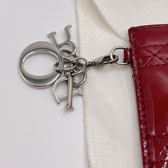 EUC 🎉 DIOR Red Patent Leather Cannage Lady Dior Logo Card Holder with Dust Bag - Picture 7 of 8